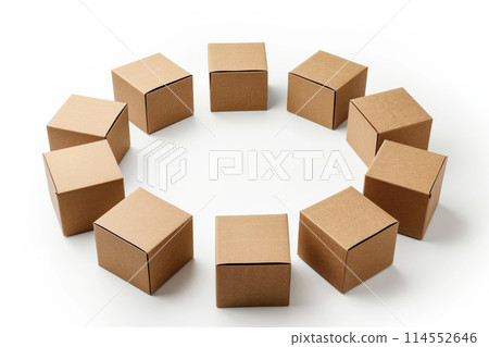 High-angle view of perfectly arranged cardboard boxes forming a circle, isolated on white 114552646