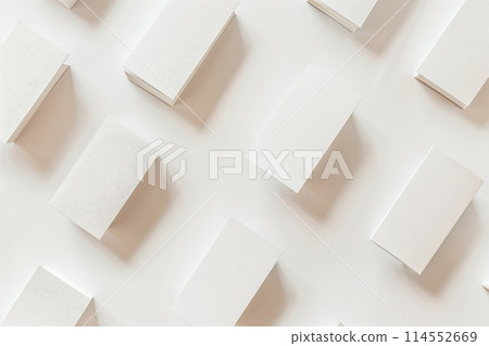 Overhead view of unbranded medicine boxes arranged neatly on a clean surface 114552669