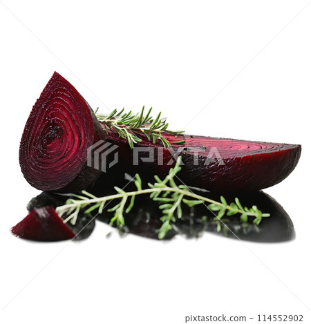 Roasted balsamic beetroot wedges vibrant red balsamic glaze fresh thyme Culinary and Food concept Final 114552902