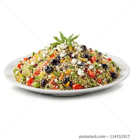 Quinoa Mediterranean salad colorful and briny tossing and mixing with olives and feta cheese flying 114552917