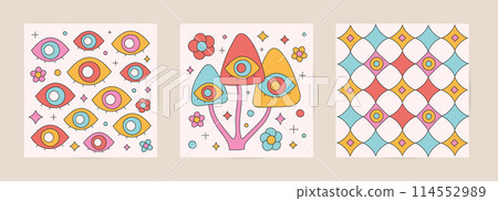 Seventies style retro hippie card, poster templates with cute mushroom, eyes at square design. 114552989