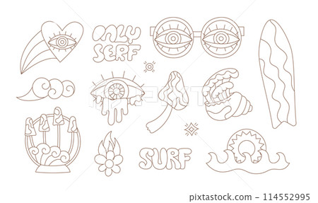 Line groovy hippie cartoon 70s sun, eye, mushroom, glasses, heart. Black linear psychedelic vector art set. Line groovy hippie cartoon 70s sun, eye, mushroom, glasses, heart. Black linear psychedelic vector art set. 114552995