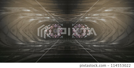 Abstract view of gothic cathedral ceiling and windows 114553022
