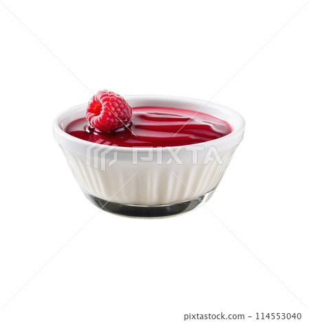 Heavy cream in a glass ramekin whipped to soft peaks and topped with fresh raspberry 114553040