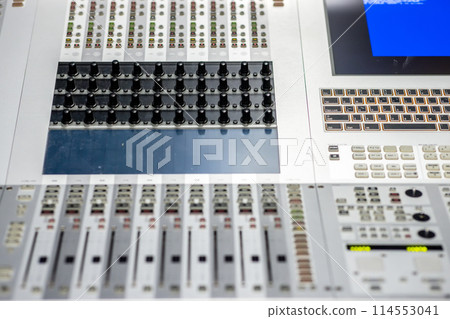 TV station audio mixer control panel TV station audio mixer control panel 114553041