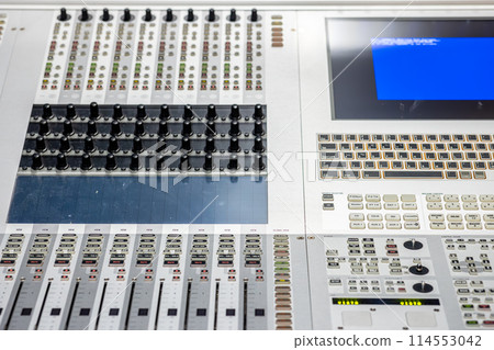 TV station audio mixer control panel TV station audio mixer control panel 114553042