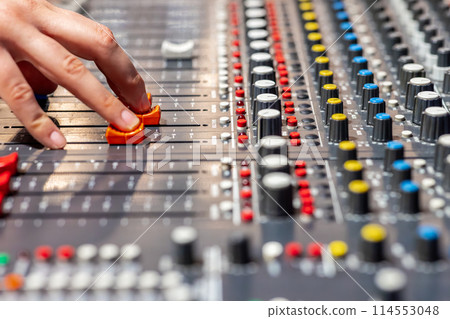 Closeup of audio mixer control panel Closeup of audio mixer control panel 114553048