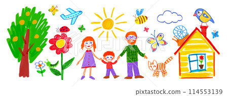 Child drawing of family and house background 114553139