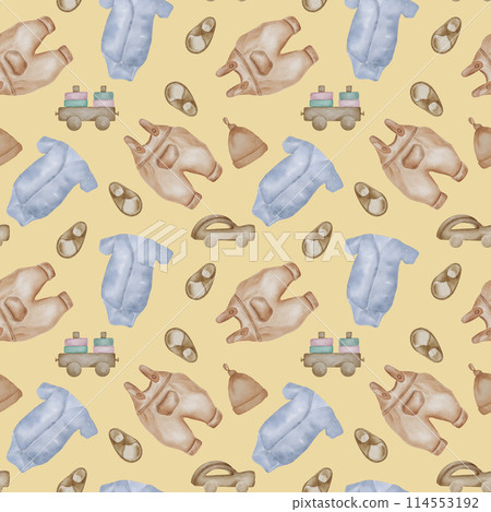 Baby clothes and wooden toys in watercolor seamless pattern isolated on beige. Baby romper, body suit and booties hand drawn . Toddler toy train in pastel shades. Elements for textile, background Baby clothes and wooden toys in watercolor seamless pattern isolated on beige. Baby romper, body suit and booties hand drawn . Toddler toy train in pastel shades. Elements for textile, background 114553192