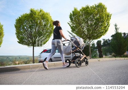 Rear view of a young woman, young mother running jogging exercising outdoors with the stroller of her baby to stay in shape after childbirth. 114553204
