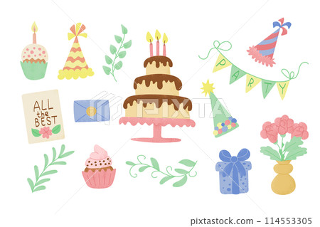 Flat birthday hand drawn set of items for kids party with cake and gifts. Vector trendy textured illustrations in candy pastel colors isolated on white background Flat birthday hand drawn set of items for kids party with cake and gifts. Vector trendy textured illustrations in candy pastel colors isolated on white background 114553305