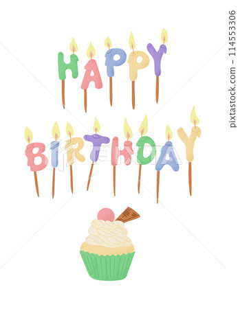 Happy birthday greeting card with candles and cupcake in textured flat style and candy colors. Vector typographic illustration isolated on white background. Candles in letters form 114553306