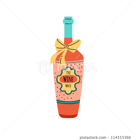 Adorable vector wine bottle with bow and annual label. 114553366