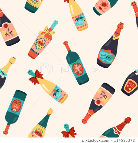Seamless pattern with bottles of white red sparkling wine, champagne and prosecco, alcoholic beverage vector collection 114553378