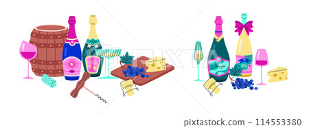 Composition with bottles of wine, glasses, cheese, grapes flat vector set, white or red sparkling, alcoholic beverage Composition with bottles of wine, glasses, cheese, grapes flat vector set, white or red sparkling, alcoholic beverage 114553380
