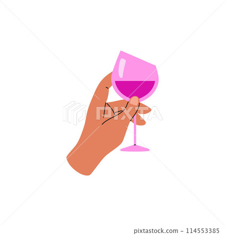 Hand with glass illustration, festive atmosphere. Flat style, isolated background. Hand with glass illustration, festive atmosphere. Flat style, isolated background. 114553385