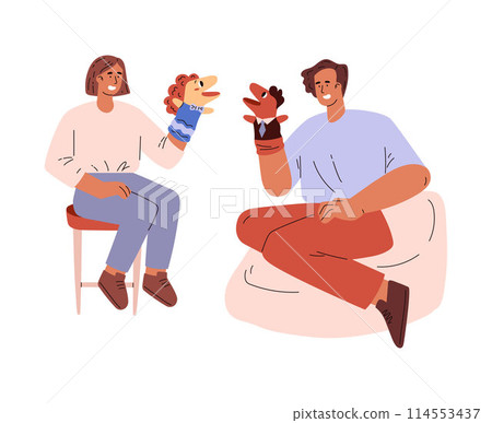 Vector illustration of a puppet theater: a guy and a girl are playing a show 114553437