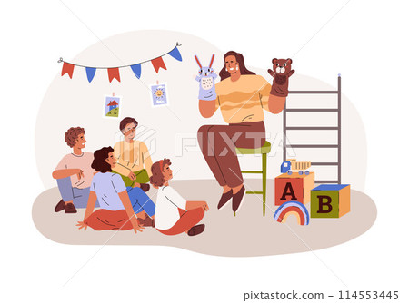 Woman performs the hands puppet show for children in the kindergarten vector flat illustration, cute animal toys theater Woman performs the hands puppet show for children in the kindergarten vector flat illustration, cute animal toys theater 114553445