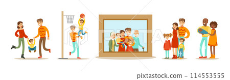 Parent with Kid Spending Happy Time Together Vector Set 114553555