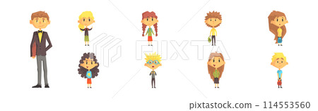 Little Kid First Grader and Primary School Pupil with Teacher Vector Set 114553560
