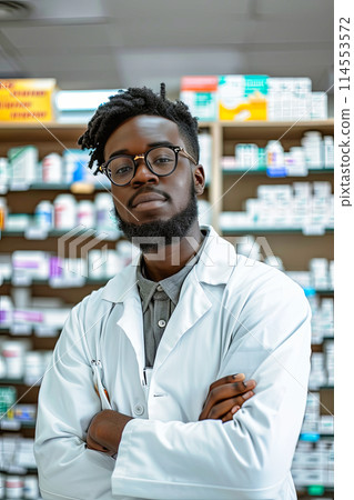 Man Sitting at Table in Pharmacy 114553572