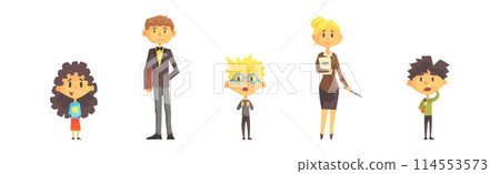 Little Kid First Grader and Primary School Pupil with Teacher Vector Set 114553573