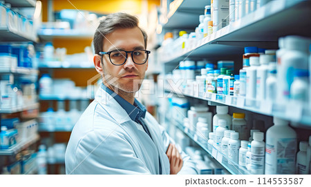 Pharmacist in White Lab Coat Working in Pharmacy 114553587