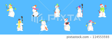Funny Snowman Character Made of Snow Balls Vector Set 114553593