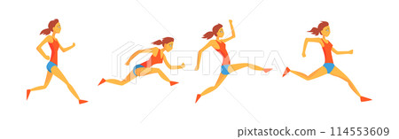 Woman Run Marathon Race Moving Fast and Sprinting Vector Set 114553609