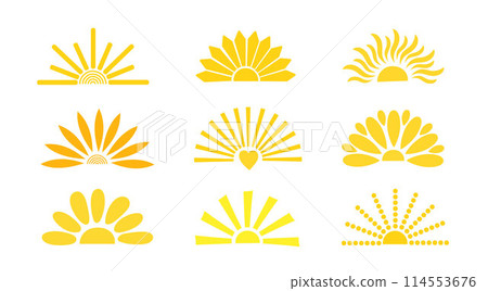 Simple yellow half sun hand drawn vector flat illustration with half-circle shape in middle, cute summer sunset, dawn image for logo, cards, decor, vacation concept, holiday, summertime kids design Simple yellow half sun hand drawn vector flat illustration with half-circle shape in middle, cute summer sunset, dawn image for logo, cards, decor, vacation concept, holiday, summertime kids design 114553676