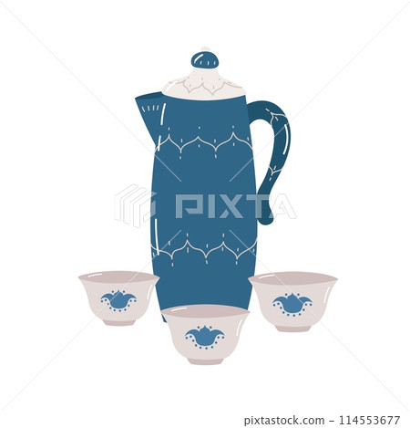 Beautiful blue teapot with bowls on white background. 114553677