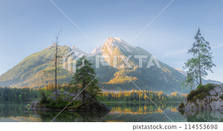 View of Hintersee lake in Berchtesgaden National Park Bavarian Alps, Germany 114553698