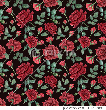 Red rose seamless pattern. Valentine day, Mother Day concept. Celebration ornate design. Romantic ruby flower heads and buds, green leaves. Watercolor illustration isolated on black background 114553896