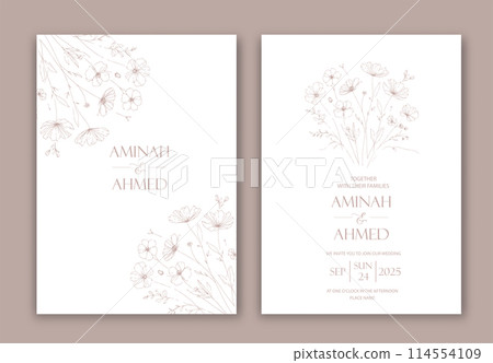 Wedding Invitation with Flowers in line design. Wedding Invitation with Flowers in line design. 114554109