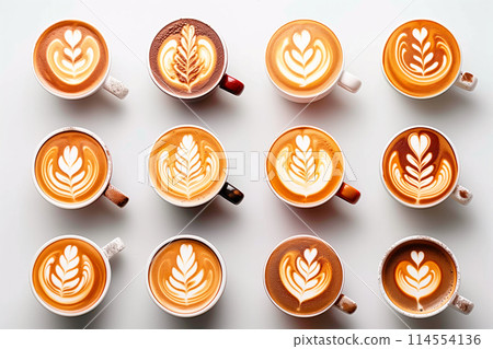 Coffee cups with latte art on white background, top view on white background Coffee cups with latte art on white background, top view on white background 114554136