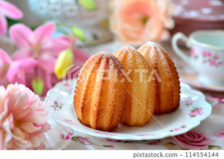 Classic French madeleine cookies, buttery and delicate, mini sponge cake baked in scallop mold Classic French madeleine cookies, buttery and delicate, mini sponge cake baked in scallop mold 114554144