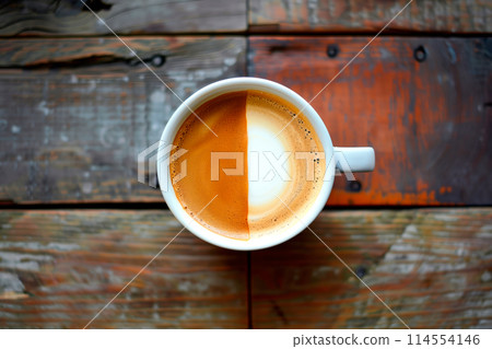 Top view of cup of coffee a mixture of half coffee and half milk on wooden background 114554146