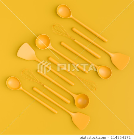 Wooden kitchen utensils, tools and equipment on yellow monochrome background. 114554171