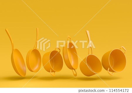 Set of flying stewpot, frying pan and plated cookware on monochrome background 114554172