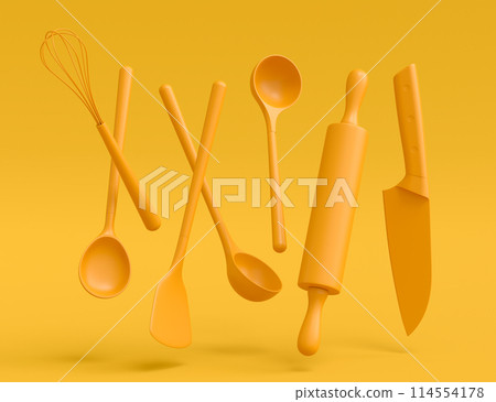 Wooden kitchen utensils, tools and equipment on yellow monochrome background. Wooden kitchen utensils, tools and equipment on yellow monochrome background. 114554178