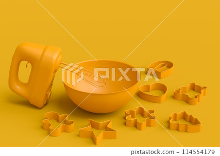 Mixer and cookie cutters with kitchen utensil for making cookies on monochrome Mixer and cookie cutters with kitchen utensil for making cookies on monochrome 114554179