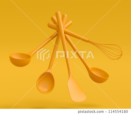 Wooden kitchen utensils, tools and equipment on yellow monochrome background. Wooden kitchen utensils, tools and equipment on yellow monochrome background. 114554180