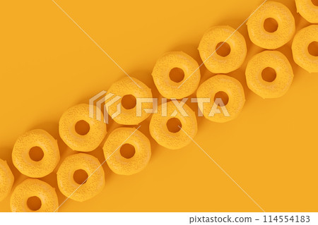 Isometric view of glazed donut with sprinkles on plain monochrome yellow color 114554183