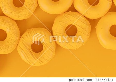 Isometric view of glazed donut with sprinkles on plain monochrome yellow color Isometric view of glazed donut with sprinkles on plain monochrome yellow color 114554184