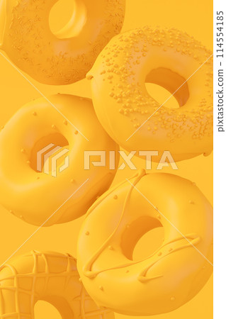 Chocolate glazed donut with sprinkles on plain monochrome yellow color 114554185