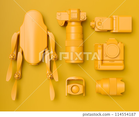 Top view of designer workspace and photography gear on monochrome table 114554187