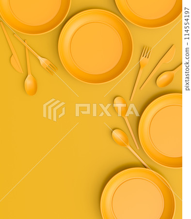 Set of disposable utensils like plate, folk, spoon,knife, cup and pepper mill 114554197