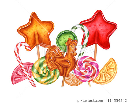 Multicolored lollipops on sticks. Star shaped candy, spiral and round lollypops, circle candies, sugar cockerel and bonbons. Mix tasty caramels. Watercolor illustration. For Halloween, Xmas decor 114554242