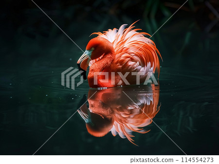 Flamingo in water, gazing at camera in natural landscape 114554273