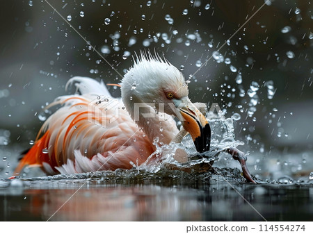 A bird with pink feathers, known as a flamingo, is bathing in the lakes water 114554274
